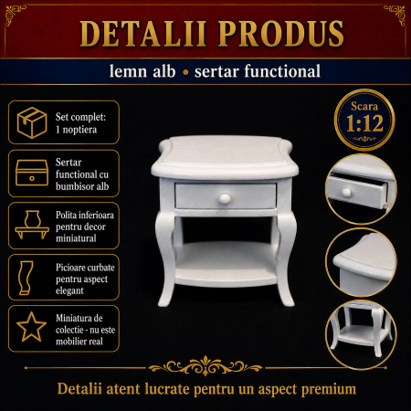 Noptiera alba din lemn cu sertar functional, miniatura 1:12 pentru casute de papusi [2]