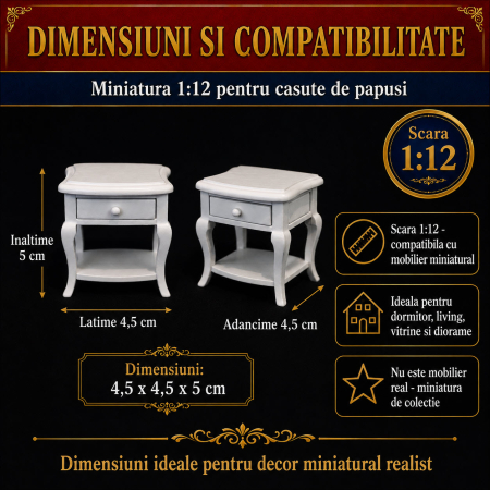 Noptiera alba din lemn cu sertar functional, miniatura 1:12 pentru casute de papusi [1]