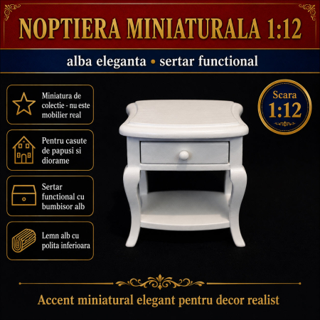 Noptiera alba din lemn cu sertar functional, miniatura 1:12 pentru casute de papusi