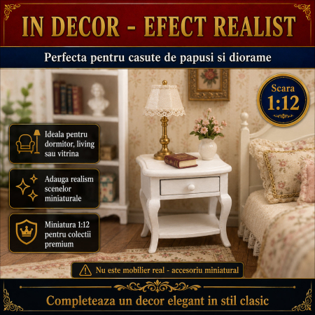 Noptiera alba din lemn cu sertar functional, miniatura 1:12 pentru casute de papusi [3]