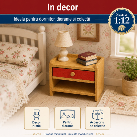 Noptiera rustica din lemn cu sertar rosu, miniatura 1:12 pentru casute de papusi [3]