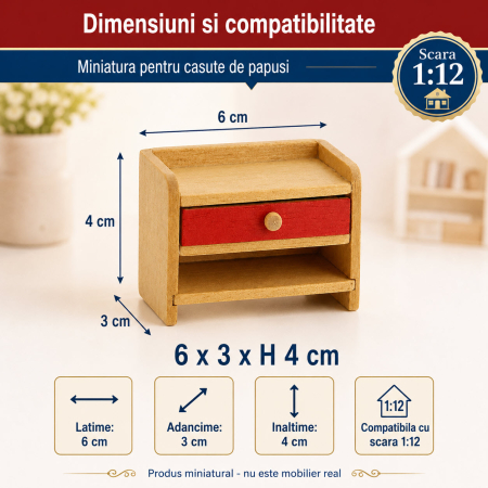 Noptiera rustica din lemn cu sertar rosu, miniatura 1:12 pentru casute de papusi [1]