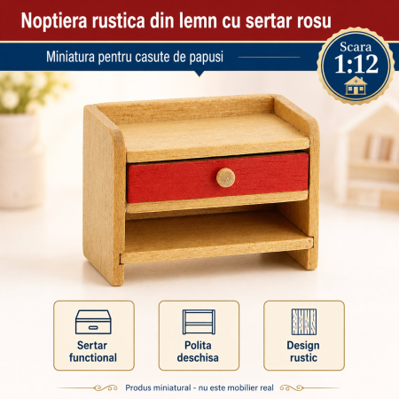 Bucatarie miniatura - Noptiera rustica din lemn cu sertar rosu, miniatura 1:12 pentru casute de papusi