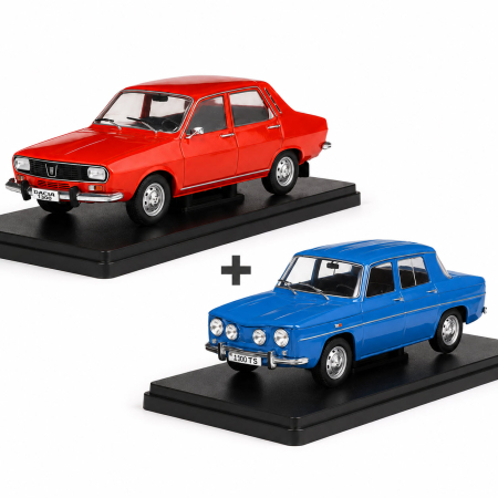 Pachet machete auto Dacia 1300 1970 roșie + Renault 8 TS / Dacia 1100 1968 albastru, scara 1:24, Hachette [0]