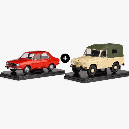 Pachet machete auto romanesti Dacia 1300 1970 rosie + ARO 240 1978 crem, scara 1:24, Hachette [0]