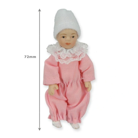 Papusa bebelus din portelan fetita roz, scara 1/12, 7 cm