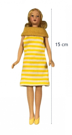 Accesorii si Materiale pentru Casuta Papusi - Papusa din portelan in rochie galbena cu dungi albe scara 1/12, tinuta moderna