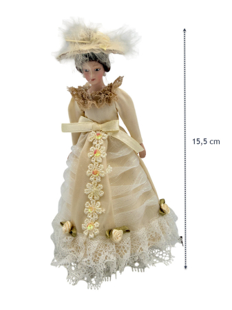 Accesorii si Materiale pentru Casuta Papusi - Papusa din portelan scara 1/12 cu rochie bej de epoca, palarie si suport