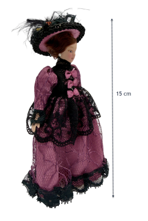 Papusa din portelan scara 1/12 cu rochie bordeaux de epoca, palarie si suport [1]