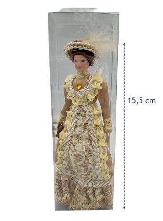 Papusa din portelan scara 1/12 cu rochie crem de epoca, palarie si suport [1]