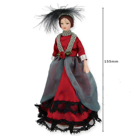 CASUTE DE PAPUSI LA SCARA 1/12 – mobilier și accesorii premium pentru colecționari - Papusa din portelan scara 1/12 cu rochie rosie de epoca, palarie si suport