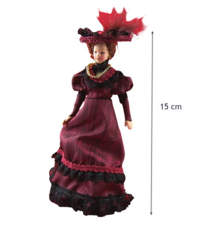CASUTE DE PAPUSI LA SCARA 1/12 – mobilier și accesorii premium pentru colecționari - Papusa din portelan scara 1/12 cu rochie visinie cu negru de epoca, palarie si suport