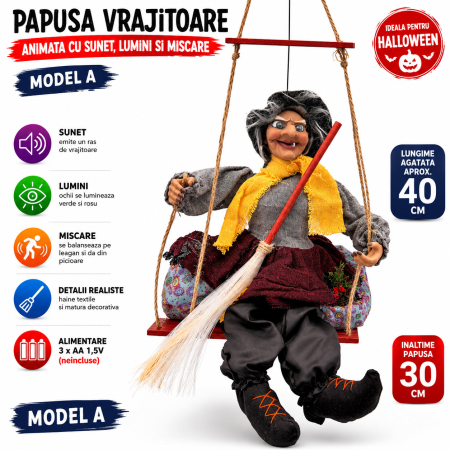 PAPUSI SI DECORATIUNI HORROR - Papusa Vrajitoare cu Sunet, Lumini si Miscare pe Leagan - Model A, 30 cm