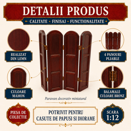Paravan pliabil din lemn culoare mahon, miniatura 1:12 pentru casute de papusi [2]