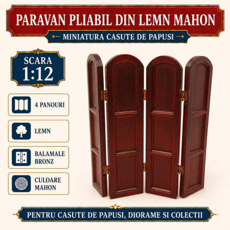 MINIATURI CASUTE PAPUSI - Paravan pliabil din lemn culoare mahon, miniatura 1:12 pentru casute de papusi