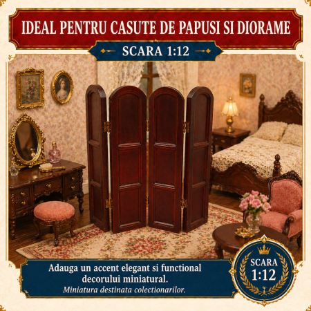 Paravan pliabil din lemn culoare mahon, miniatura 1:12 pentru casute de papusi [3]