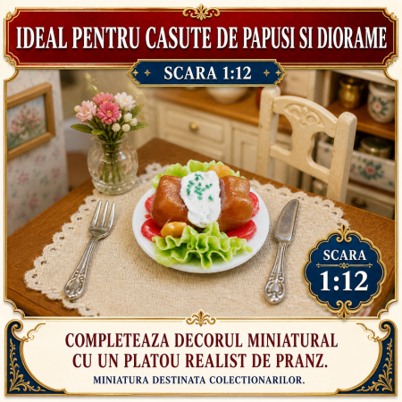Platou pranz cu muschiulet de porc si garnitura, miniatura 1:12 pentru casute de papusi [3]
