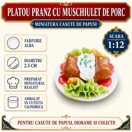 Platou pranz cu muschiulet de porc si garnitura, miniatura 1:12 pentru casute de papusi