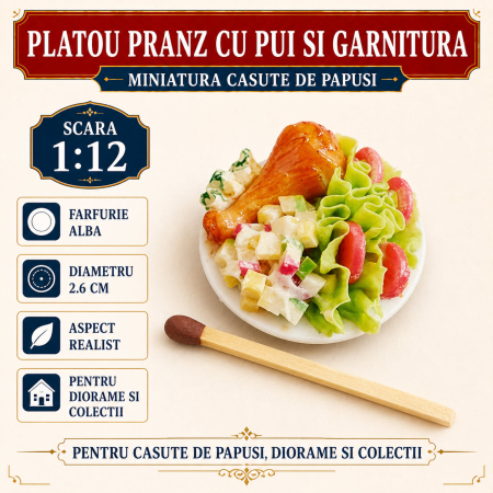 Platou pranz cu pui si garnitura, miniatura 1:12 pentru casute de papusi