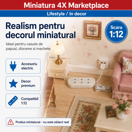 Prelungitor triplu cu stecher, set 2 bucati, accesoriu electric miniatural 1:12 pentru casute de papusi [3]