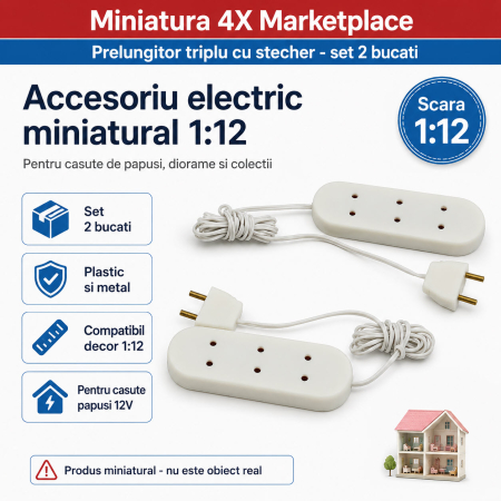 Prelungitor triplu cu stecher, set 2 bucati, accesoriu electric miniatural 1:12 pentru casute de papusi [0]