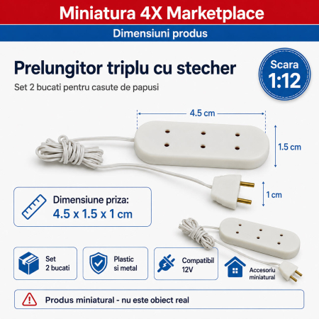 Prelungitor triplu cu stecher, set 2 bucati, accesoriu electric miniatural 1:12 pentru casute de papusi [1]