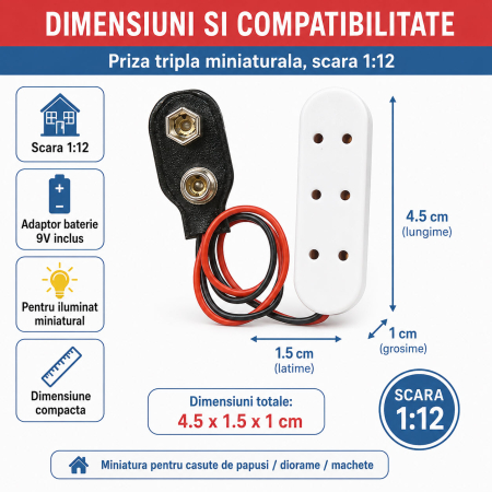 Priza tripla cu adaptor baterie 9V, accesoriu electric miniatural 1:12 pentru casute de papusi [1]