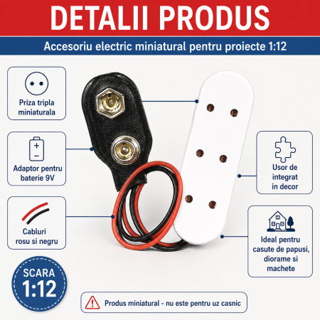 Priza tripla cu adaptor baterie 9V, accesoriu electric miniatural 1:12 pentru casute de papusi [2]