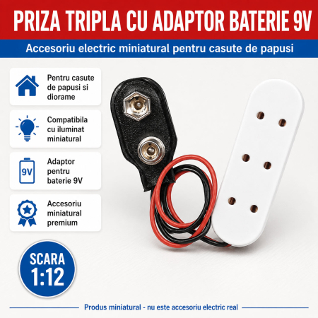 Iluminat miniatural - Priza tripla cu adaptor baterie 9V, accesoriu electric miniatural 1:12 pentru casute de papusi