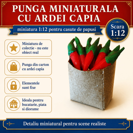 Punga de cumparaturi cu ardei capia, miniatura 1:12 pentru casute de papusi