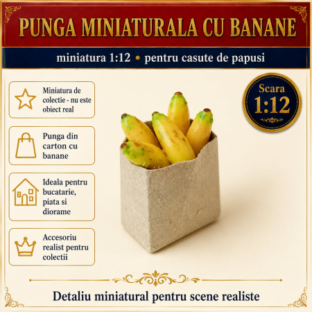 Mancare miniaturala - Punga de cumparaturi cu banane, miniatura 1:12 pentru casute de papusi