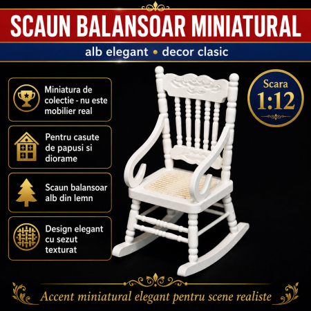 Scaun balansoar alb din lemn, miniatura pentru casute de papusi, diorame si colectii [0]