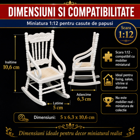 Scaun balansoar alb din lemn, miniatura pentru casute de papusi, diorame si colectii [1]