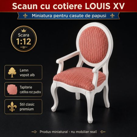 Living miniatural - Scaun cu cotiere Louis XV alb cu tapiterie roz pudra, miniatura pentru casute de papusi