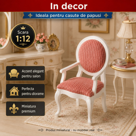 Scaun cu cotiere Louis XV alb cu tapiterie roz pudra, miniatura pentru casute de papusi [3]