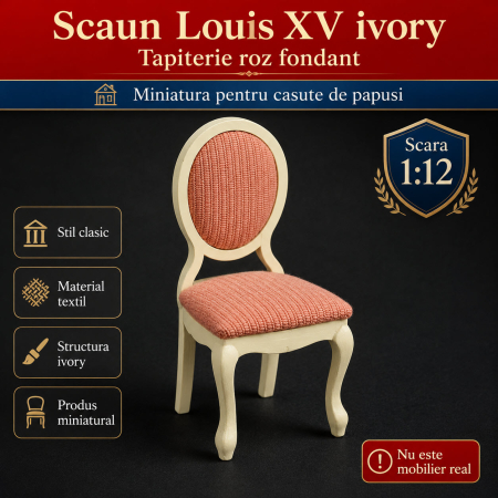 Living miniatural - Scaun Louis XV ivory cu tapiterie roz fondant, miniatura pentru casute de papusi