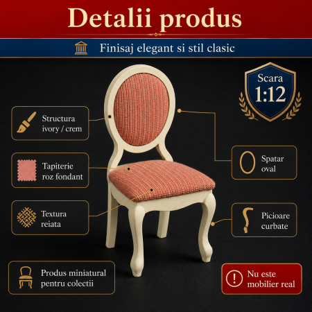 Scaun Louis XV ivory cu tapiterie roz fondant, miniatura pentru casute de papusi [2]