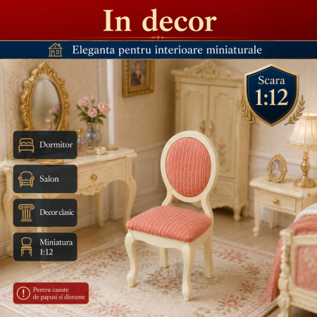 Scaun Louis XV ivory cu tapiterie roz fondant, miniatura pentru casute de papusi [3]