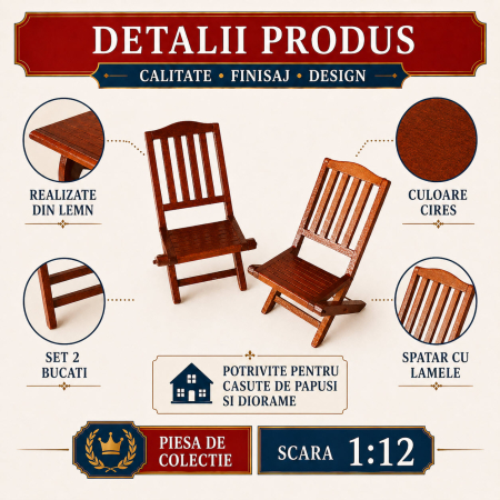 Scaune de gradina set 2 buc din lemn cires, miniatura 1:12 pentru casute de papusi [2]