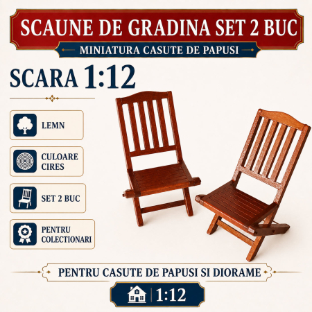 MINIATURI CASUTE PAPUSI - Scaune de gradina set 2 buc din lemn cires, miniatura 1:12 pentru casute de papusi
