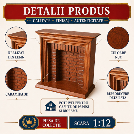 Semineu clasic din lemn 3D culoare nuc, miniatura 1:12 pentru casute de papusi [2]