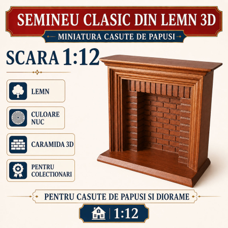 Living miniatural - Semineu clasic din lemn 3D culoare nuc, miniatura 1:12 pentru casute de papusi