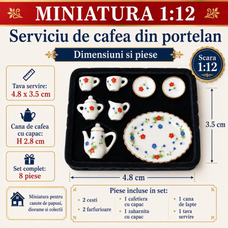 Serviciu de cafea din portelan cu tava, 8 piese, miniatura 1:12 pentru casute de papusi [1]