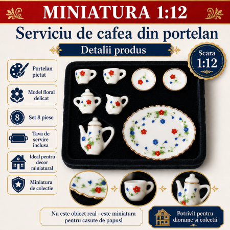 Serviciu de cafea din portelan cu tava, 8 piese, miniatura 1:12 pentru casute de papusi [2]