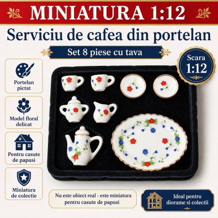 Vesela si servire miniaturi - Serviciu de cafea din portelan cu tava, 8 piese, miniatura 1:12 pentru casute de papusi