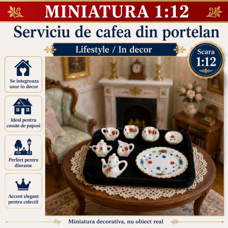 Serviciu de cafea din portelan cu tava, 8 piese, miniatura 1:12 pentru casute de papusi [3]