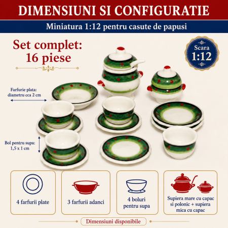 Serviciu de masa din portelan pentru supa, 16 piese, miniatura 1:12 pentru casute de papusi [1]