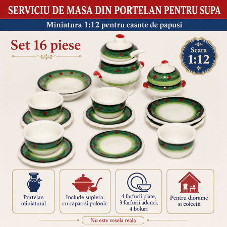 Accesorii miniaturale - Serviciu de masa din portelan pentru supa, 16 piese, miniatura 1:12 pentru casute de papusi
