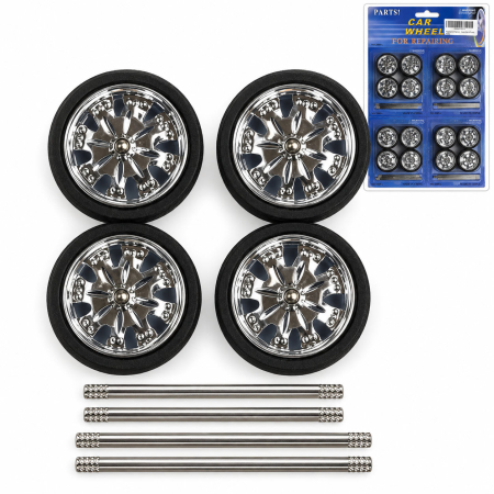 Set 16 Roți Tuning Cromate Machete Auto, Jante cu Efect Spinner + Anvelope și Axe, Scara 1/24 - 1/18 [2]