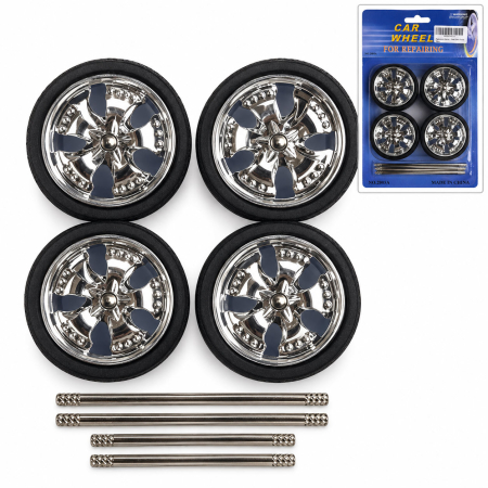 Set 16 Roți Tuning Cromate Machete Auto, Jante cu Efect Spinner + Anvelope și Axe, Scara 1/24 - 1/18 [4]